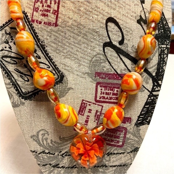 Heart Pendant Murano Style Glass Bead Necklace Orange - Picture 4 of 11